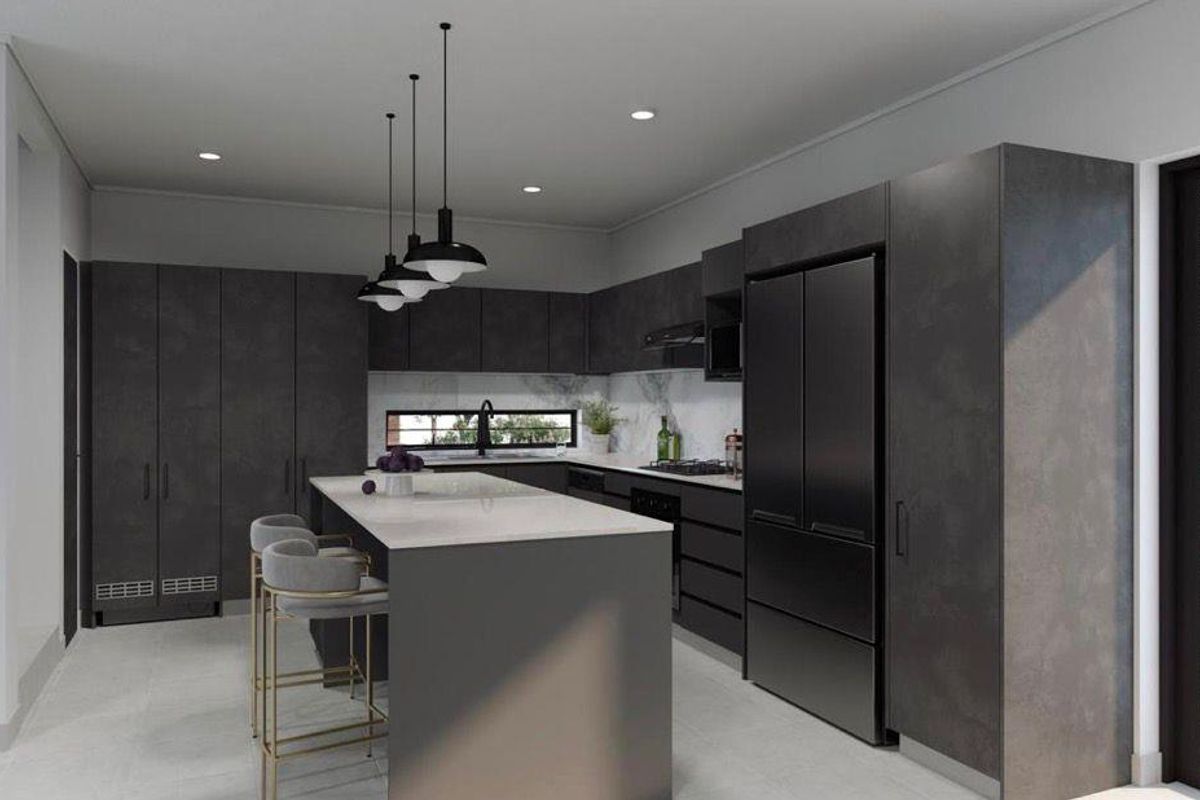 Modern kitchen featuring dark cabinetry, a central island with stone countertop, integrated appliances, and sleek pendant lighting, opening to a private garden area.