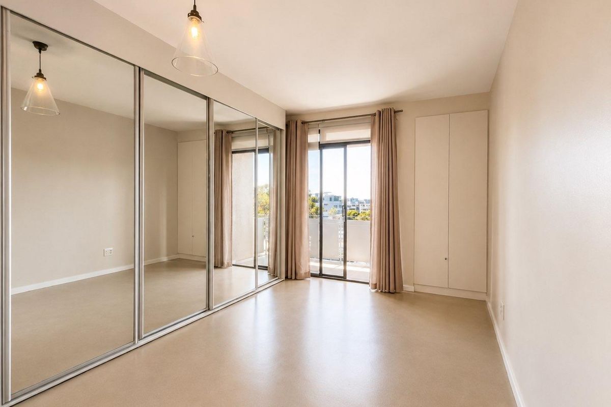 A bright, empty bedroom featuring large mirrored sliding wardrobes, built-in storage, and direct access to a private balcony through sliding glass doors.