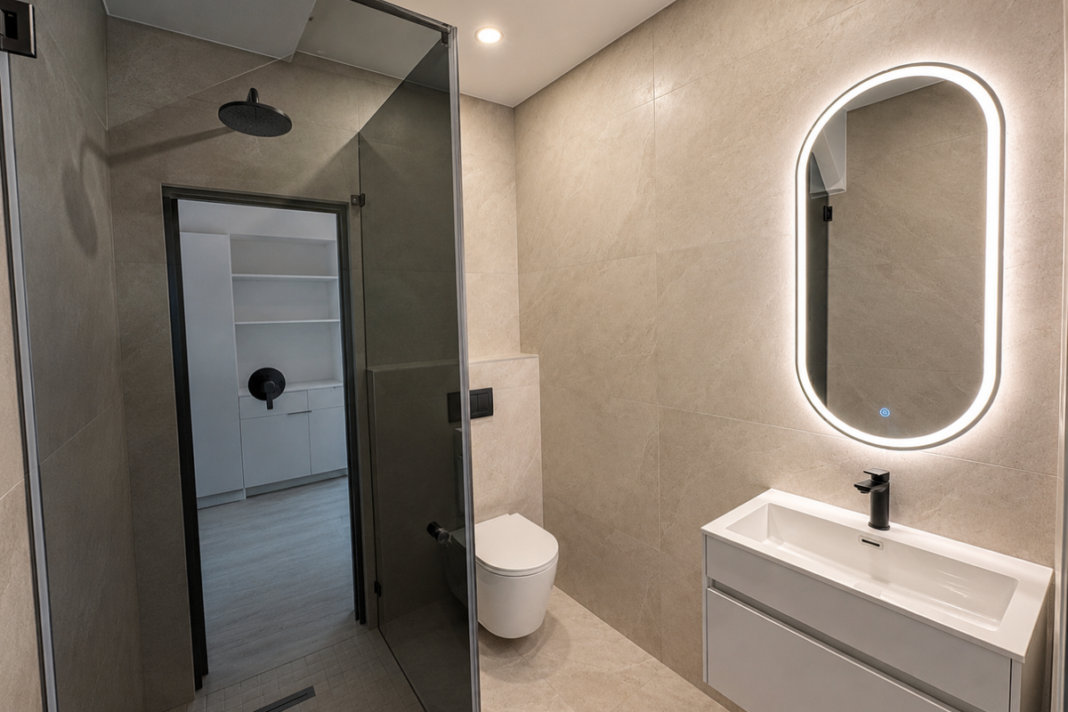 Modern bathroom featuring a walk-in shower with glass screen, wall-mounted toilet, and a floating vanity with an integrated LED-lit mirror.