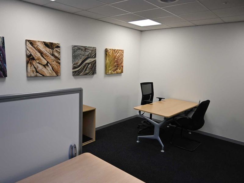 A functional office space featuring a suspended ceiling with recessed lighting and dark carpet flooring.