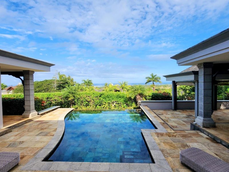 A luxurious outdoor pool area featuring an infinity edge swimming pool, stone patio, and covered entertainment spaces with scenic coastal views.