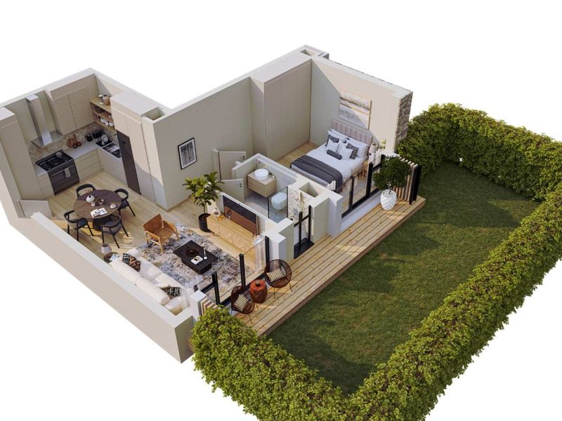A 3D floor plan rendering of a one-bedroom apartment featuring an open-plan kitchen, living area, bathroom, and a private garden with timber decking.