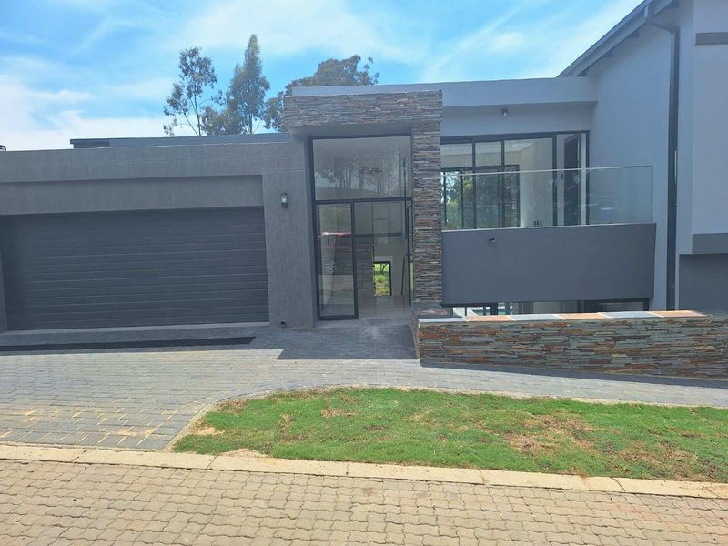 Modern cluster home exterior featuring stone cladding, a double garage, paved driveway, and contemporary glass and aluminium architectural details.