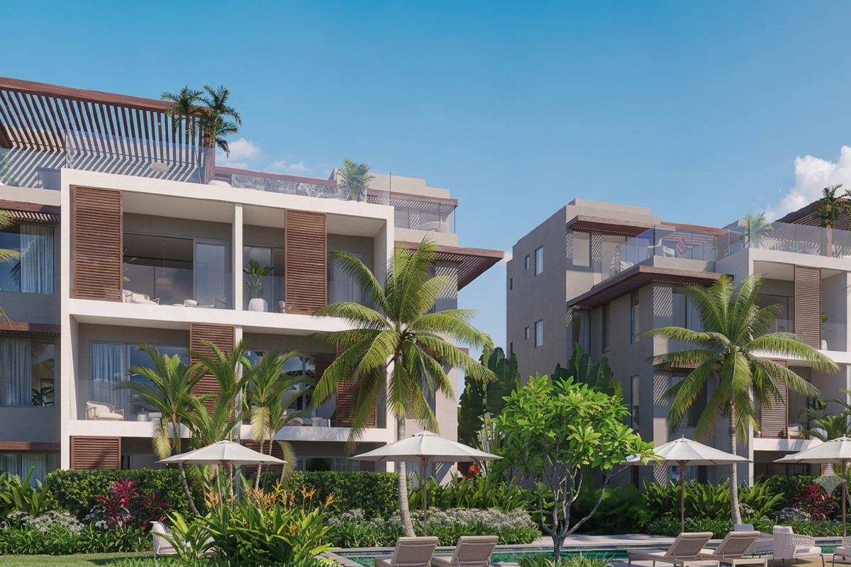 Modern penthouse apartment complex featuring tiered balconies, timber louvre shutters, glass balustrades, and a shared swimming pool area set within landscaped tropical gardens.