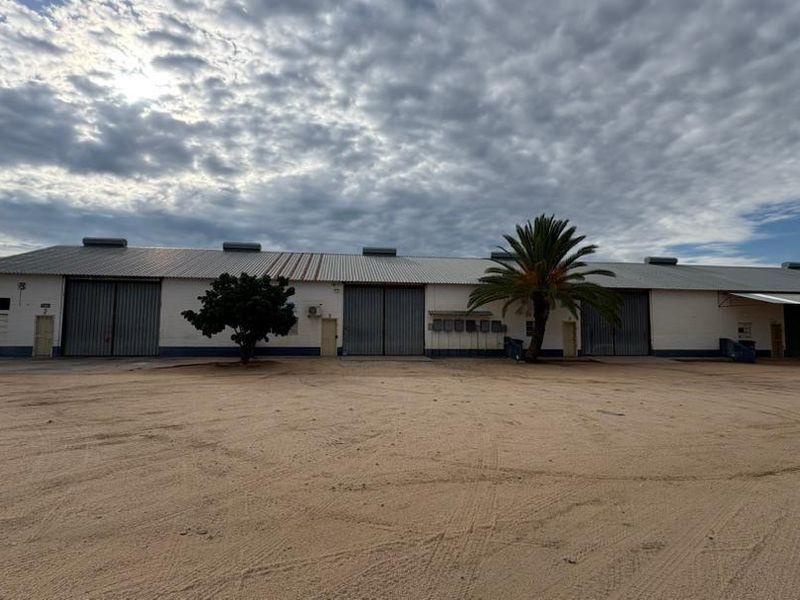 Front view of a commercial warehouse facility featuring multiple large sliding access doors, metal roofing, and an expansive unpaved yard area.