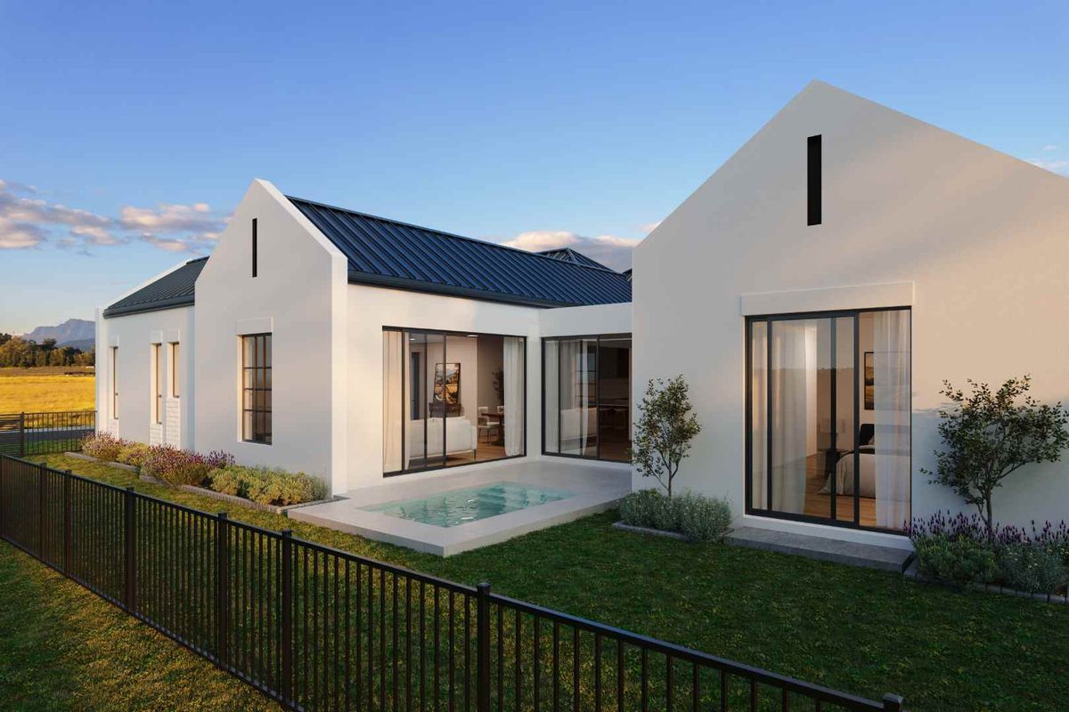 Modern rear exterior view featuring a sleek metal roof, white facade, sliding glass doors, and a compact plunge pool set within a landscaped garden.