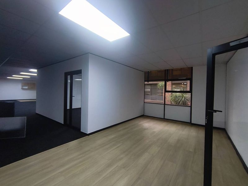 A bright, vacant office space featuring modern laminate flooring, suspended ceilings with recessed lighting, and large windows providing natural light.