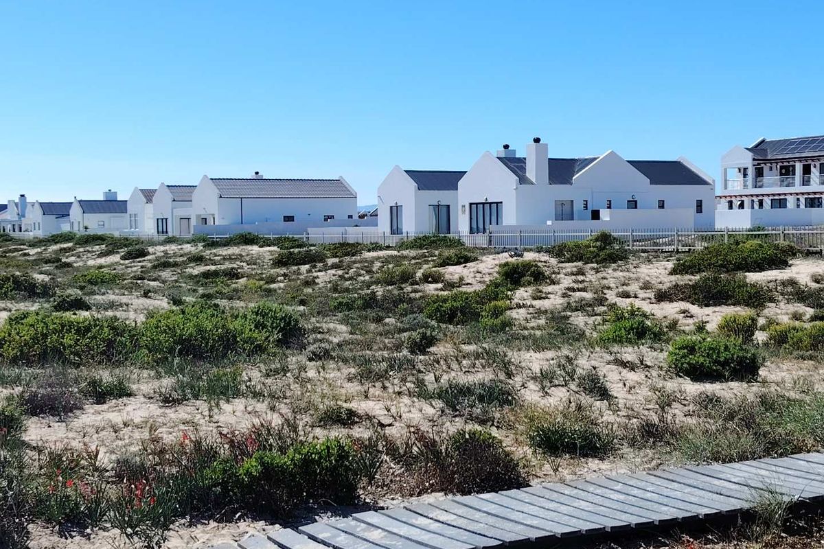 A view of the rear elevations of residential properties featuring white facades and chimneys, with a wooden boardwalk leading through the coastal landscape.