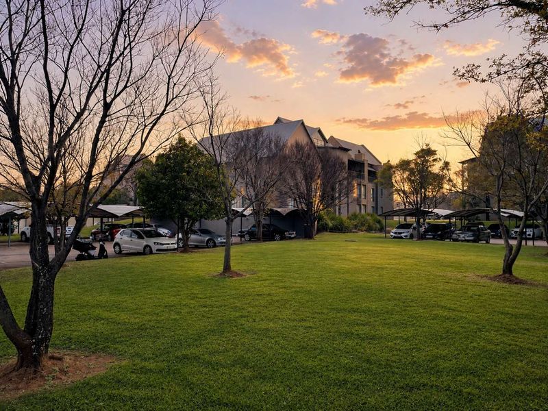 A view of the apartment complex grounds featuring a well-maintained lawn, mature trees, and covered parking facilities at sunset.