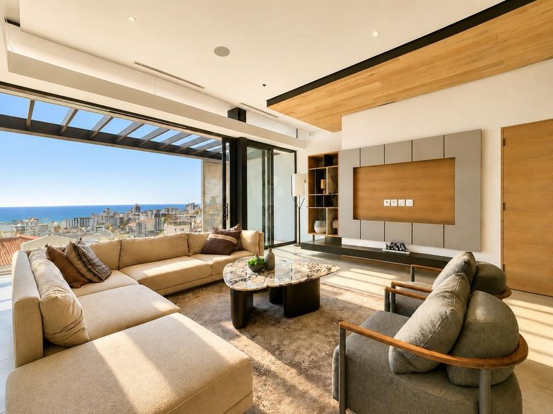 Modern living room featuring a custom media wall, timber ceiling accents, and expansive sliding glass doors opening to a scenic coastal view.