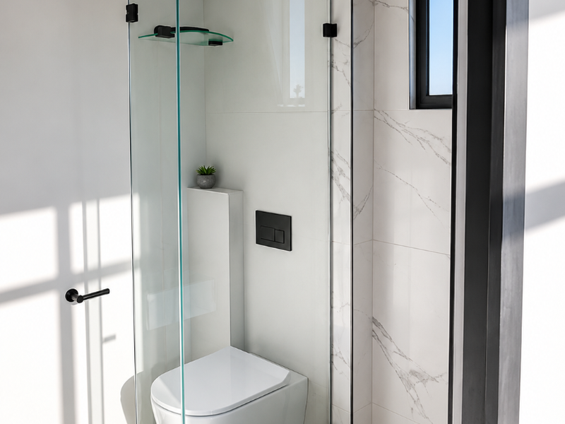 Modern bathroom featuring a wall-mounted toilet, glass shower enclosure, marble-look tiling, and sleek black fixtures.