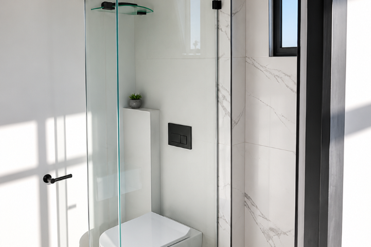Modern bathroom featuring a wall-mounted toilet, glass shower enclosure, marble-look tiling, and sleek black fixtures.