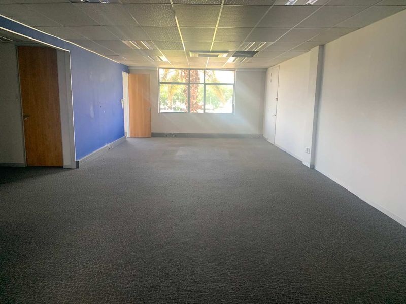 An empty, open-plan office space featuring a suspended ceiling, recessed lighting, carpeted flooring, and large windows providing natural light.