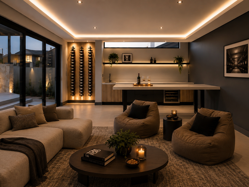 Modern open-plan living area featuring a sleek kitchen island, integrated wine storage, recessed cove lighting, and large sliding doors opening to an outdoor patio.