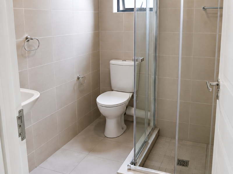 A clean, modern bathroom featuring neutral wall and floor tiles, a glass-enclosed shower, a white toilet, and a wall-mounted basin.