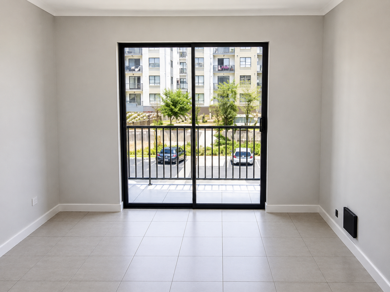 A bright, empty living room featuring neutral tiled flooring, clean walls, and a large sliding glass door leading to an outdoor balcony area.