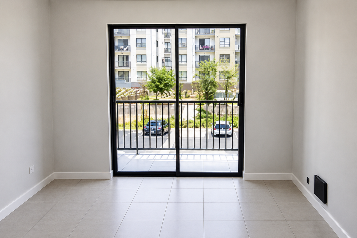 A bright, empty living room featuring neutral tiled flooring, clean walls, and a large sliding glass door leading to an outdoor balcony area.
