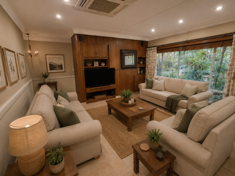 A well-maintained living room featuring built-in wooden cabinetry, tiled flooring, and a ceiling-mounted air conditioning unit, with large windows overlooking the garden.