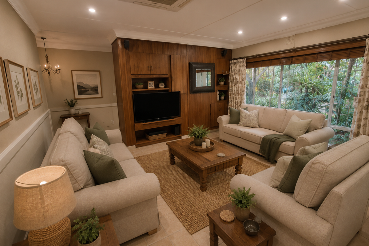 A well-maintained living room featuring built-in wooden cabinetry, tiled flooring, and a ceiling-mounted air conditioning unit, with large windows overlooking the garden.
