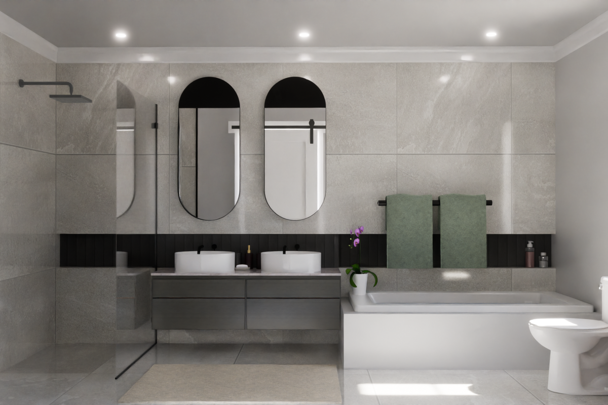 Modern bathroom featuring a double vanity, walk-in shower with glass screen, bathtub, and contemporary wall-mounted fixtures with large format tiling.