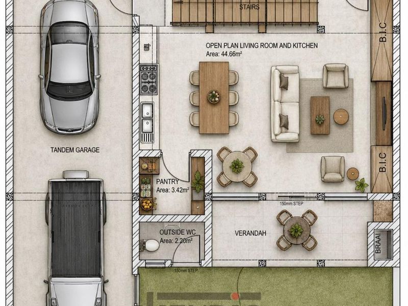 Architectural floor plan showing a tandem garage, open plan living and kitchen area, pantry, outside WC, verandah, and braai area.