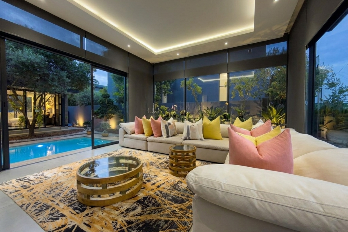 Modern living room featuring expansive floor-to-ceiling sliding glass doors, recessed tray ceiling lighting, and direct views of the adjacent swimming pool and garden.