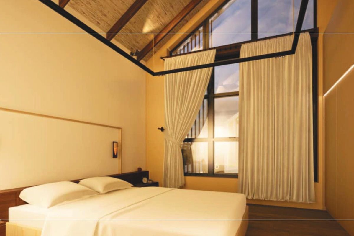 A modern bedroom featuring a high vaulted ceiling with exposed timber beams, large floor-to-ceiling windows, and integrated wall lighting.