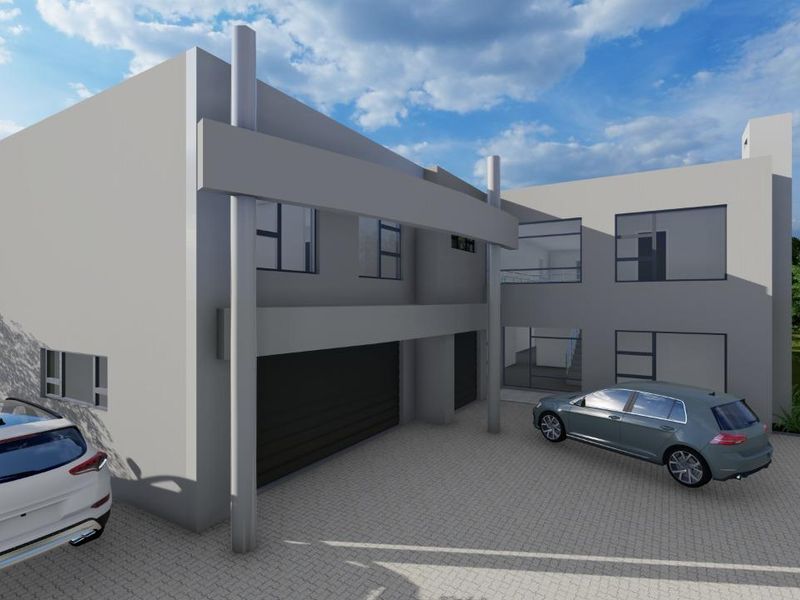 A modern architectural 3D render of a contemporary double-story house featuring a paved driveway and integrated double garage.