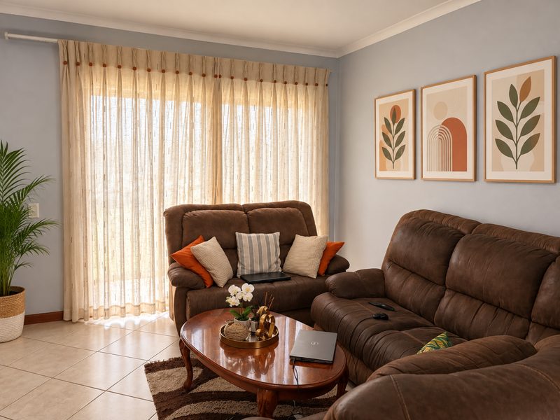 A comfortable living room featuring tiled flooring and a large sliding glass door with curtains, providing ample natural light.