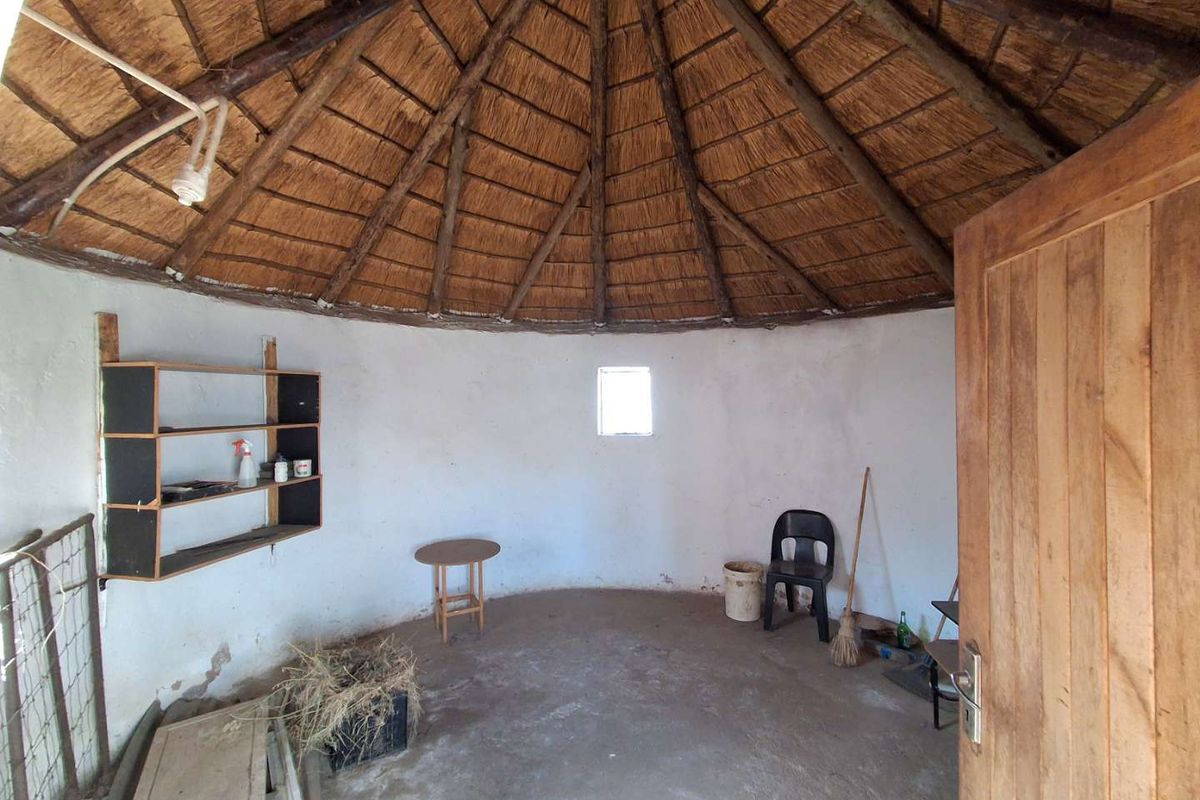 A rustic circular room featuring a traditional thatched roof with exposed timber rafters, concrete flooring, and built-in wall shelving.