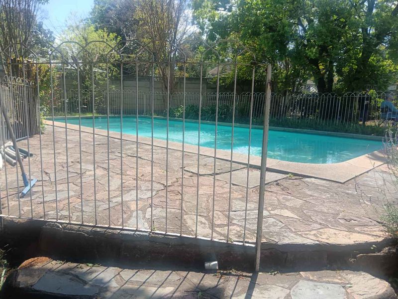 Outdoor swimming pool area featuring stone paving, a metal safety fence, and established garden surroundings.