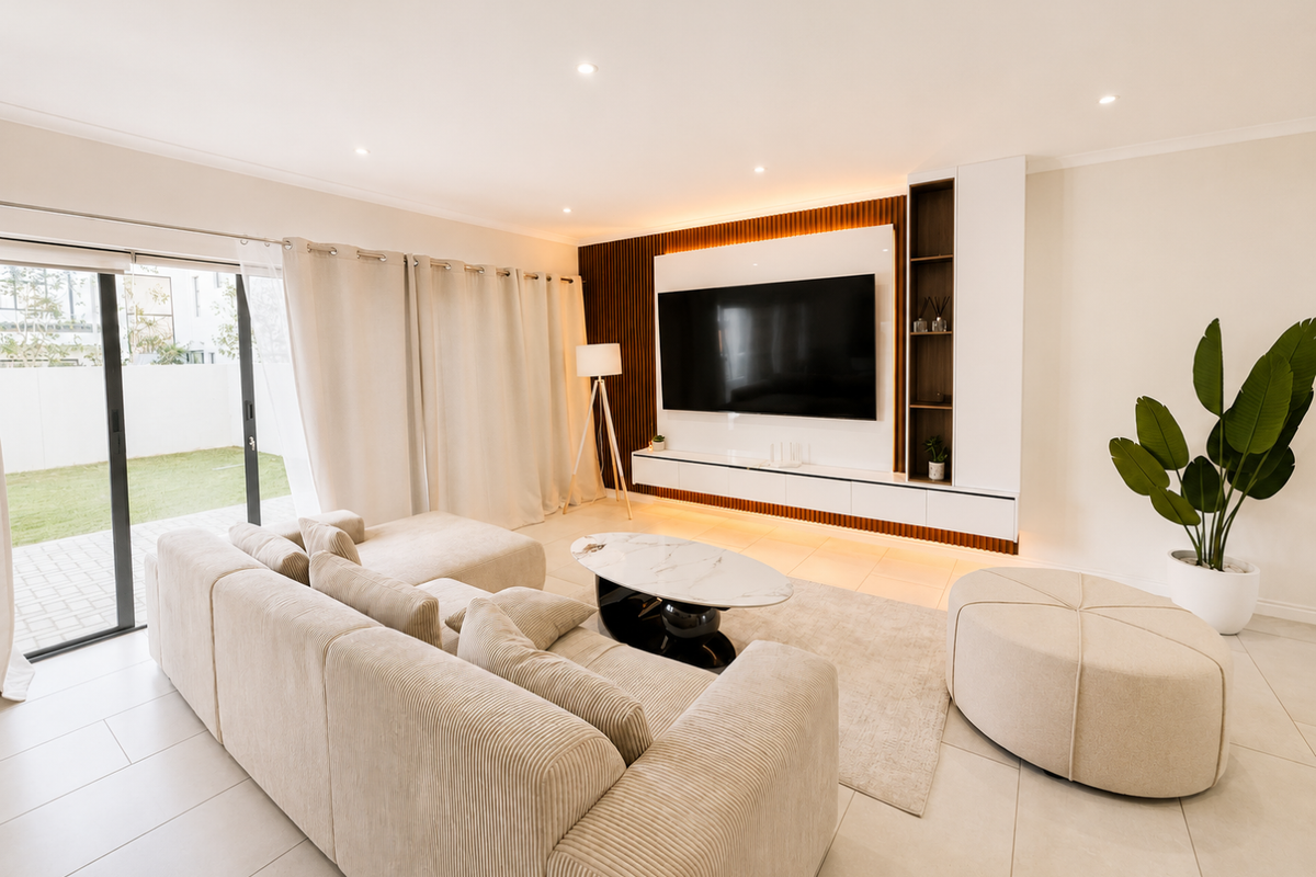 Modern living room featuring a custom built-in media wall with integrated shelving, recessed lighting, and large sliding glass doors opening to the patio.