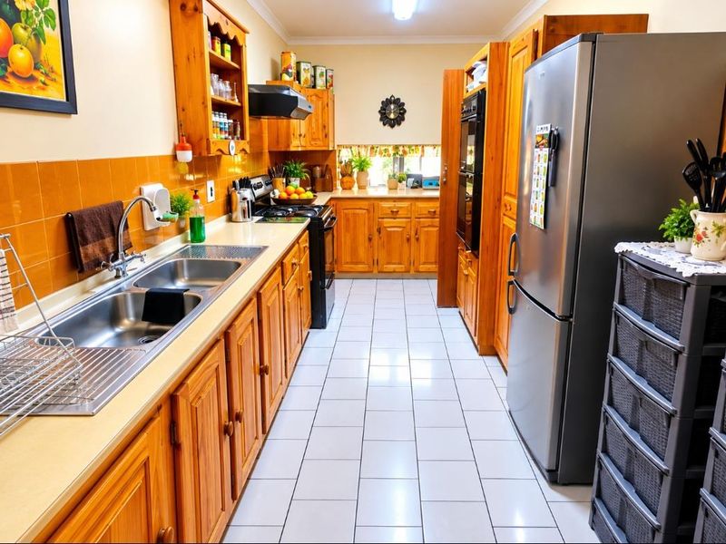 A functional kitchen featuring traditional wooden cabinetry, a double stainless steel sink, tiled backsplash, and built-in oven with an extractor fan.