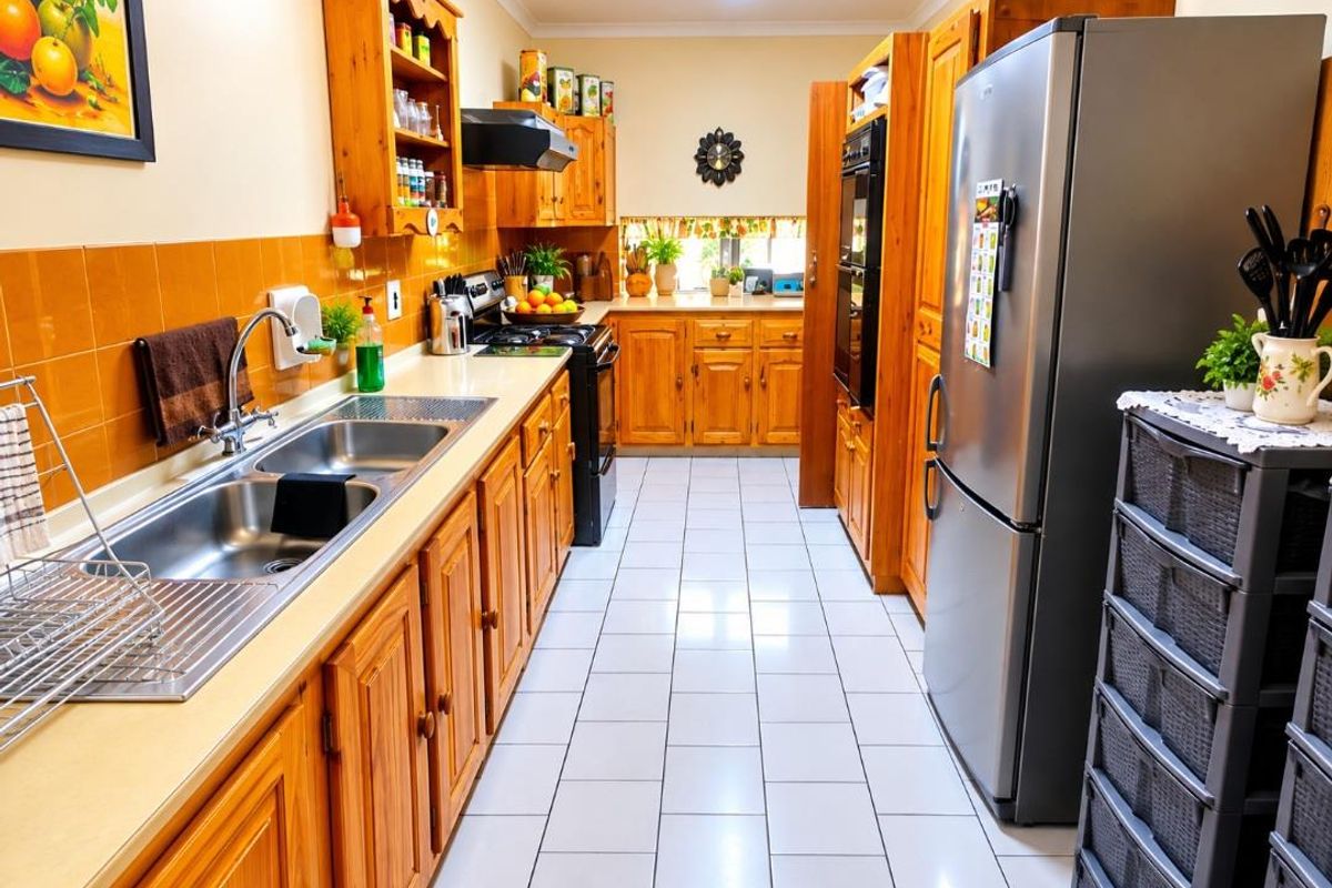 A functional kitchen featuring traditional wooden cabinetry, a double stainless steel sink, tiled backsplash, and built-in oven with an extractor fan.