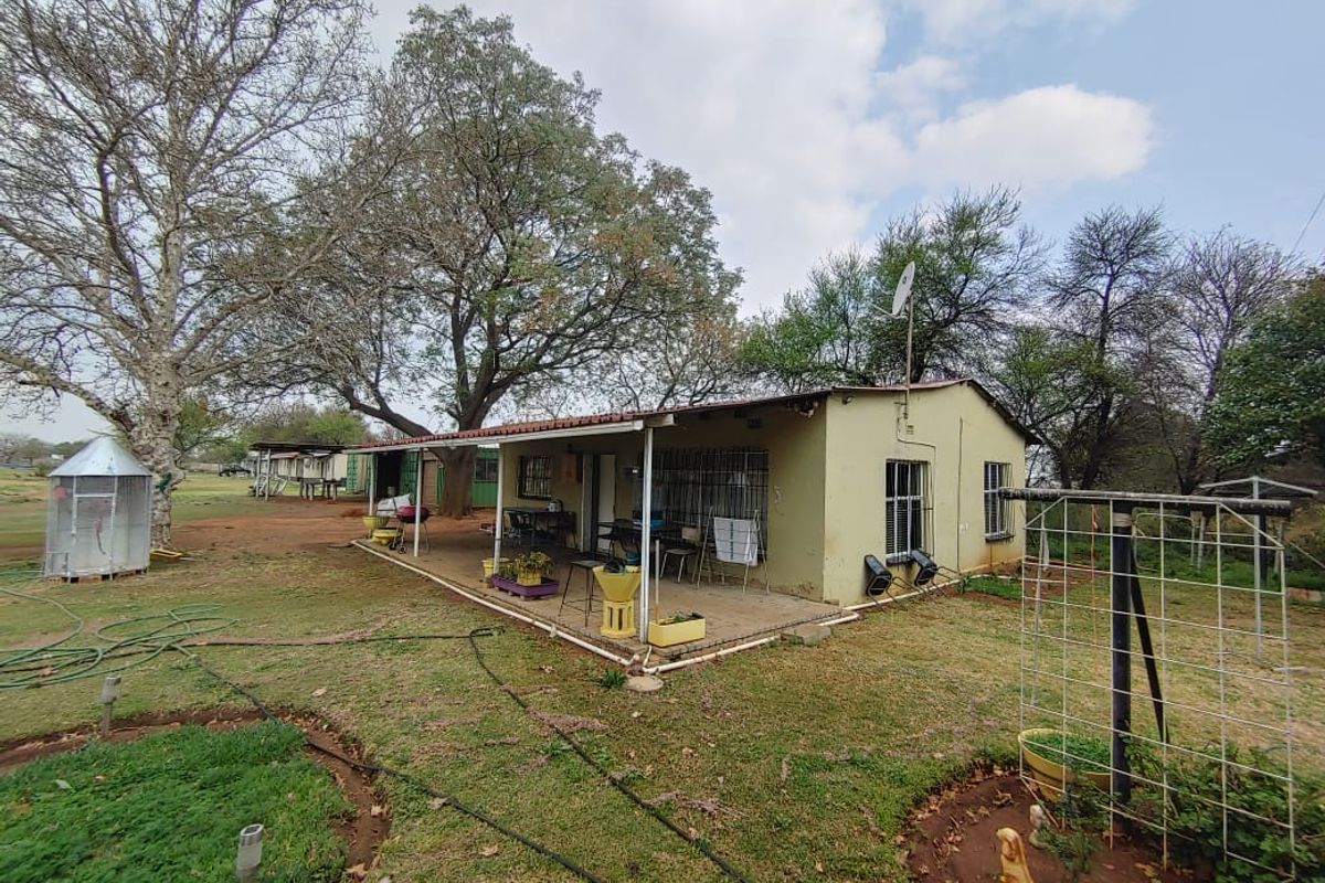 Rear view of a small holding dwelling featuring a covered patio, security bars on windows, and established garden surroundings.