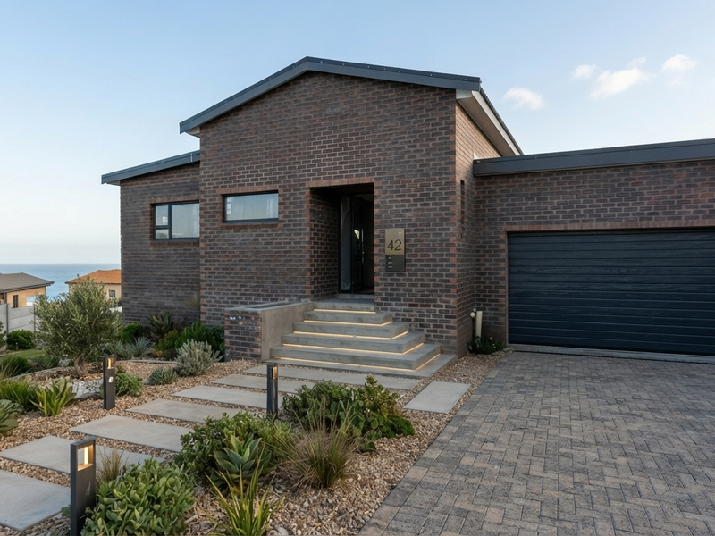 Modern single-story home featuring a dark brick facade, double garage, paved driveway, and a beautifully landscaped front garden with illuminated concrete pathways.