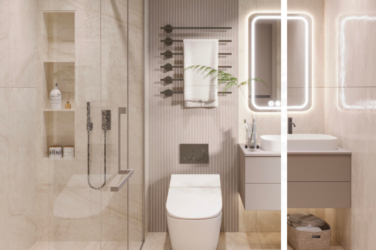 Modern bathroom featuring a walk-in shower with recessed shelving, wall-mounted toilet, floating vanity with basin, and integrated LED mirror lighting.