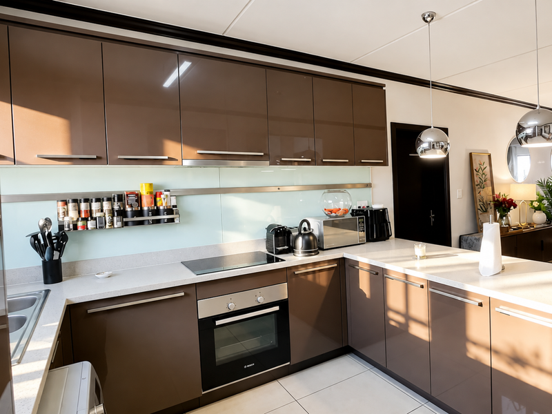 Modern kitchen featuring high-gloss brown cabinetry, stone countertops, integrated appliances, and a sleek glass splashback, offering a clean and contemporary aesthetic.