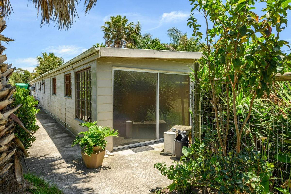Rear exterior view of the property featuring a concrete pathway, sliding glass door access, and established garden surroundings.