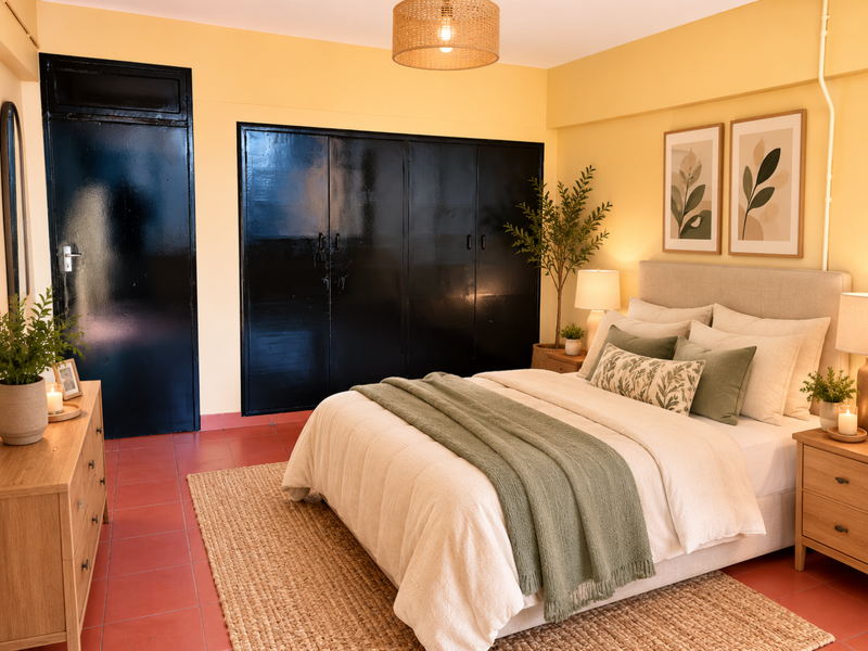 A bedroom featuring built-in wardrobes with a dark finish, terracotta-style tiled flooring, and warm yellow wall tones.