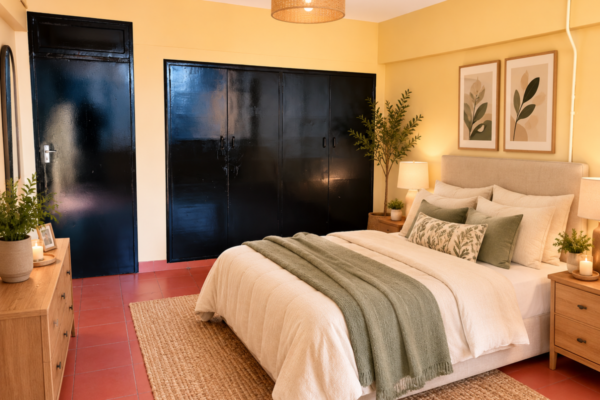 A bedroom featuring built-in wardrobes with a dark finish, terracotta-style tiled flooring, and warm yellow wall tones.