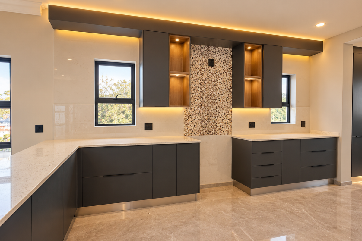 Modern kitchen featuring sleek dark cabinetry, quartz countertops, decorative tiled backsplash, and integrated ambient lighting with polished porcelain flooring.