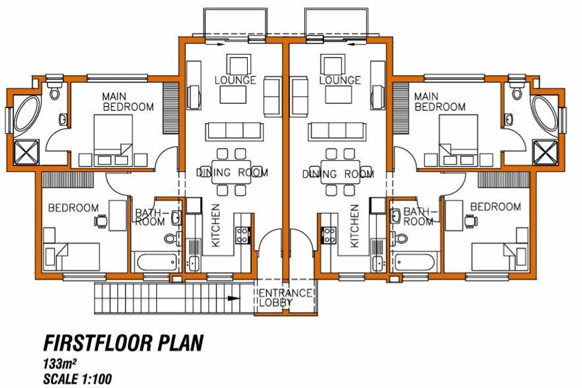 A detailed first-floor architectural plan showing the layout of two mirrored residential units, each featuring a lounge, dining area, kitchen, and multiple bedrooms.