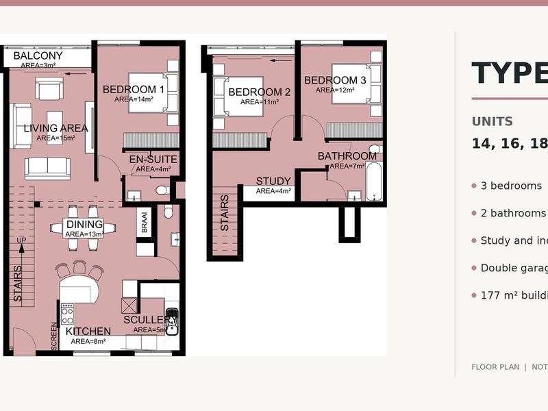 Architectural floor plan for Type E apartment units, featuring three bedrooms, two bathrooms, a study, indoor braai area, and a double garage.