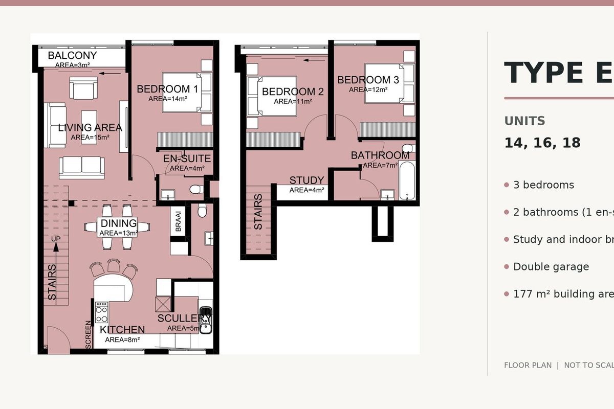 Architectural floor plan for Type E apartment units, featuring three bedrooms, two bathrooms, a study, indoor braai area, and a double garage.