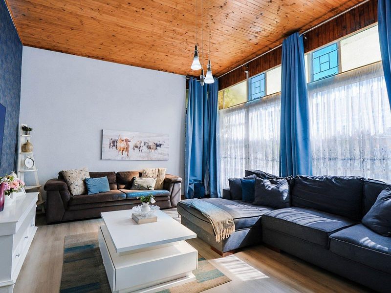 Spacious living room featuring a high timber-clad vaulted ceiling, large windows with natural light, and modern laminate flooring.
