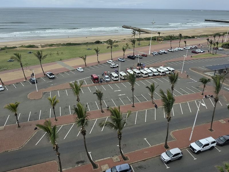 Elevated view overlooking a public parking area, landscaped palm trees, and the adjacent coastline and beach.