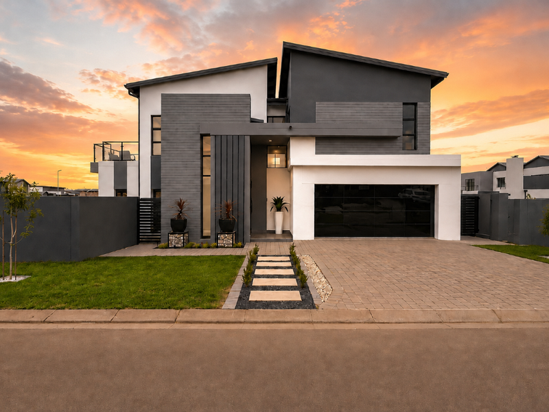 Modern double-story residence featuring a contemporary facade, paved driveway, double garage, and landscaped front garden at sunset.