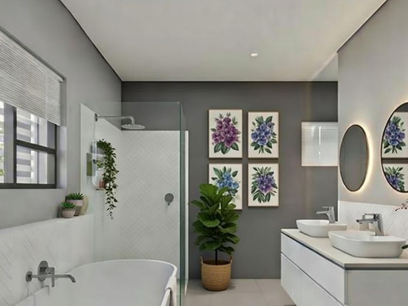 Modern bathroom featuring a freestanding bathtub, glass-enclosed walk-in shower, and a sleek double vanity with vessel sinks and contemporary lighting.
