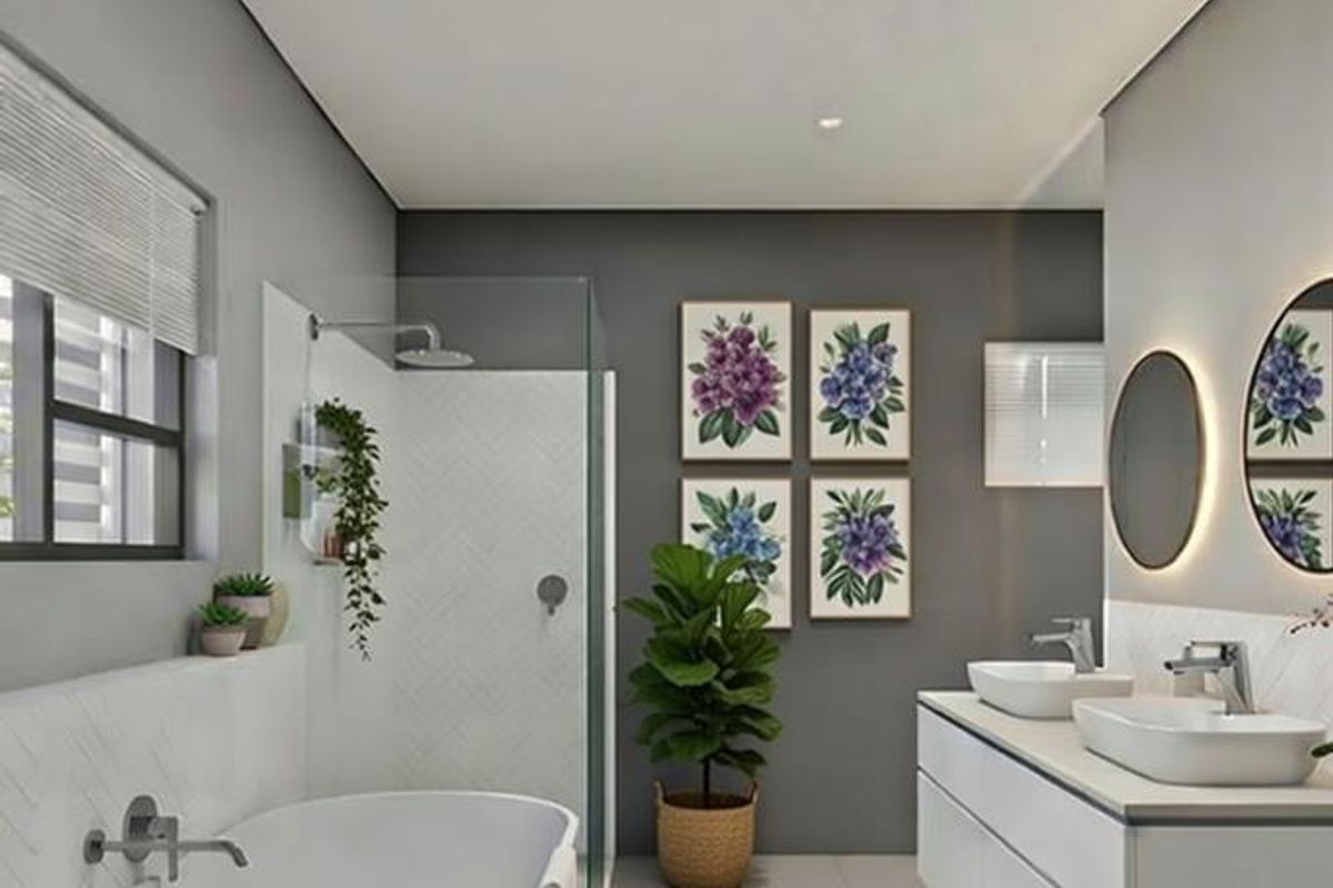 Modern bathroom featuring a freestanding bathtub, glass-enclosed walk-in shower, and a sleek double vanity with vessel sinks and contemporary lighting.